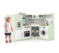 GYMAX Kids Corner Kitchen, Wooden Toy Kitchen with Microwave, Washing Machine, Ice Maker, Cooking Accessories, Realistic Light & Sound, Large Play Kitchen for 3 Years Old + (Green)