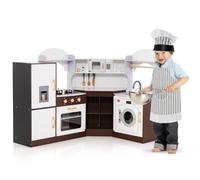 GYMAX Kids Corner Kitchen, Wooden Toy Kitchen with Microwave, Washing Machine, Ice Maker, Cooking Accessories, Realistic Light & Sound, Large Play Kitchen for 3 Years Old + (Brown+White)