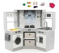 GYMAX Kids Corner Kitchen, Wooden Toy Kitchen with Sink, Stove, Microwave, Lighted Range Hood, Water Circulation, Water Dispenser & Washing Machine, Play Kitchen for 3 + Years Old (Gray+White)