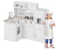 GYMAX Kids Corner Kitchen, Wooden Toy with Sink, Stove, Microwave, Oven, Range Hood, Refrigerator, Water Dispenser Cookware Accessories, Children Role Play for Girls Boys (8 in 1), White, (GY1007)