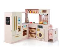 GYMAX Kids Corner Play Kitchen, Large Pretend Toy Kitchen with Double-Door Fridge, Ice Maker, Microwave, Washer, Trash Can & 22 PCS Accessories, Cooking Role Playset for 3 Years Old+ (Pink)