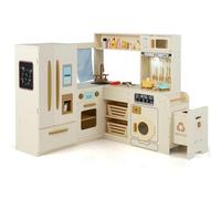 GYMAX Kids Corner Play Kitchen, Large Pretend Toy Kitchen with Double-Door Fridge, Ice Maker, Microwave, Washer, Trash Can & 22 PCS Accessories, Cooking Role Playset for 3 Years Old+ (Beige)
