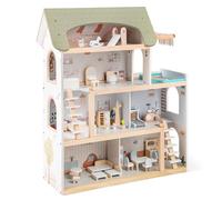 GYMAX Kids Dollhouse, 3/4 Storey Fully Furnished House Playset with 6 Simulated Rooms & 15/33 Furniture Accessories, Wooden DIY Pretend Doll House Gift for 3+ Years Old (Light Green, 63 x 25 x 78 cm)
