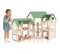 GYMAX Kids Dollhouse, 3-Storey Wooden Dolls House with 6 Simulated Rooms, Garage, Stairs, Balcony & 36pcs Furniture Accessories, Large Doll House for 3 Years Old+ Girls Boys