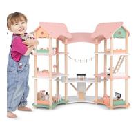 GYMAX Kids Dollhouse, 3-Storey Wooden Dolls House with 7 Simulated Rooms & 33pcs Furniture Accessories, Large DIY Doll House for 3-8 Years Old Girls Boys (Pink)