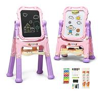 GYMAX Kids Double-Sided Easel, Height Adjustable Standing Drawing Board with Magnetic Beads, Storage Tray, 360° Rotating Children's Art Easels for Boys Girls, 61 x 45 x 109cm (Pink)
