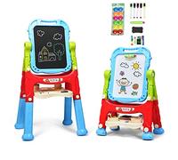 GYMAX Kids Double-Sided Easel, Height Adjustable Standing Drawing Board with Magnetic Beads, Storage Tray, 360° Rotating Children's Art Easels for Boys Girls, 61 x 45 x 109cm (Blue)