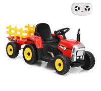 GYMAX Kids Electric Tractor with Detachable Trailer, LED Lights, Music, Horn, USB & Bluetooth, 12V Battery Powered Ride on Car for 3 Years Old + Boys Girls (Red)