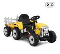 GYMAX Kids Electric Tractor with Detachable Trailer, LED Lights, Music, Horn, USB & Bluetooth, 12V Battery Powered Ride on Car for 3 Years Old + Boys Girls (Yellow)