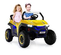 GYMAX Kids Electric UTV, 2-Seater 12V Battery Powered Toy Car with Remote Control, Lights, Bluetooth, MP3, USB, FM, High/Low Speed & Suspension Spring, Children Ride on Car for 3-8 Years Old (Yellow)