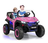 GYMAX Kids Electric UTV, 2-Seater 12V Battery Powered Toy Car with Remote Control, Lights, Bluetooth, MP3, USB, FM, High/Low Speed & Suspension Spring, Children Ride on Car for 3-8 Years Old (Pink)