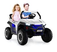 GYMAX Kids Electric UTV, 2-Seater 12V Battery Powered Toy Car with Remote Control, Lights, Bluetooth, MP3, USB, FM, High/Low Speed & Suspension Spring, Children Ride on Car for 3-8 Years Old (White)