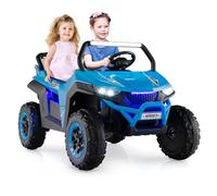 GYMAX Kids Electric UTV, 2-Seater 12V Battery Powered Toy Car with Remote Control, Lights, Bluetooth, MP3, USB, FM, High/Low Speed & Suspension Spring, Children Ride on Car for 3-8 Years Old (Blue)