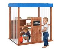 GYMAX Kids Gas Station Playset, Outdoor Gasoline Station Toy with Canopy, 2 Simulation Refueling Guns and Blackboards, Wooden Children Grocery Store for 3+ Years Old