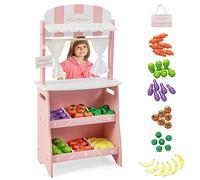 GYMAX Kids Grocery Store Playset, Children Farmers Market Stand with Cute Awning, Advertising Sign, Curtains, Classified Storage, 36 Veggies & Fruits, Wooden Role Play Shop for 3 Year Old + (Pink)