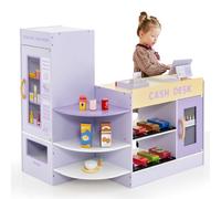 GYMAX Kids Grocery Store, Wooden Market Play Shop with Checkout Counter, POS Machine, Vending Machine & 13 Play Food, Children Supermarket Playset for 3-8 Year Old Girls Boys (Purple)
