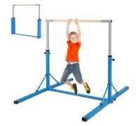 GYMAX Kids Gymnastics Bars, 13-Level Height Adjustable Horizontal Kip Bar with Wheels & Non-slip Feet, Folding Junior Pull-up Training Bars Gymnastics Equipment for Home Gym Garden (Blue)