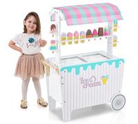 GYMAX Kids Ice Cream Cart, Play Dessert and Food Toy Shop with Display Rack, Sliding Frozen Compartment, Storage Shelf, Wheels & Canopy, Wooden Pretend Shop Playset for Boys and Girls 3+