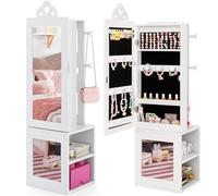 GYMAX Kids Jewelry Cabinet, 3 in 1 Girls Jewelry Organizer with Full-Length Mirror, Garment Rack and Storage Shelves, Freestanding Children Jewelry Armoire for Bedroom