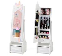 GYMAX Kids Jewelry Cabinet, Freestanding Girls Jewelry Organizer with Full-Length Mirror, Foldable Drawer and 2 Adjustable Tilt Angles, Wooden Princess Jewelry Armoire for Bedroom (Unicorn 2)