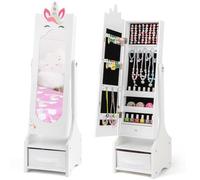 GYMAX Kids Jewelry Cabinet, Freestanding Girls Jewelry Organizer with Full-Length Mirror, Foldable Drawer and 2 Adjustable Tilt Angles, Wooden Princess Jewelry Armoire for Bedroom (Unicorn 1)