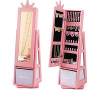 GYMAX Kids Jewelry Cabinet, Freestanding Girls Jewelry Organizer with Full-Length Mirror, Foldable Drawer and Anti-toppling System, 360°Swivel Children Jewelry Armoire for Bedroom