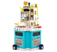 GYMAX Kids Kitchen Playset, Corner Pretend Play Kitchen with 113 PCS Accessories, Stove, Sink, Realistic Sounds and Lights, Cooking Role Playset for 3 Years Old+ (Blue)