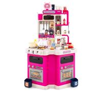 GYMAX Kids Kitchen Playset, Corner Pretend Play Kitchen with 113 PCS Accessories, Stove, Sink, Realistic Sounds and Lights, Cooking Role Playset for 3 Years Old+ (Pink)