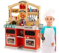 GYMAX Kids Kitchen Playset, Large Plastic Play Kitchen with Ovens, Cooker Hood, Storage Space, Cooking Accessories, Sounds, Music, Spray & Steam Effects, Toy Kitchen for 3 Years Old + (Orange)