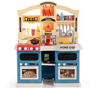 GYMAX Kids Kitchen Playset, Large Plastic Play Kitchen with Ovens, Cooker Hood, Storage Space, Cooking Accessories, Sounds, Music, Spray & Steam Effects, Toy Kitchen for 3 Years Old + (Blue)