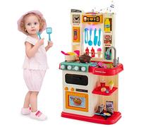GYMAX Kids Kitchen Playset, Pretend Play Set with Oven, Cooker Hood, Storage Shelf, Cooking Accessories, Music, Sounds, Running Water & Steam Effects, Toy for 3 Years Old + (Pink) (10033)