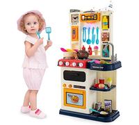 GYMAX Kids Kitchen Playset, Pretend Play Set with Oven, Cooker Hood, Storage Shelf, Cooking Accessories, Music, Sounds, Running Water & Steam Effects, Toy for 3 Years Old + (Blue) (10033)