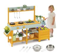 GYMAX Kids Mud Kitchen, Children Potting Bench Table with Removable Sink, Planter Boxes, Stoves, Trellis & Cooking Accessories, Outdoor Fir Wood Toy Kitchen for 3 Years Old+ (Yellow + Light Green)