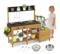 GYMAX Kids Mud Kitchen, Children Potting Bench Table with Removable Sink, Planter Boxes, Stoves, Trellis & Cooking Accessories, Outdoor Fir Wood Toy Kitchen for 3 Years Old+ (Natural + Brown)
