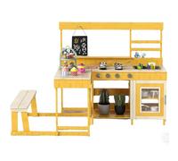 GYMAX Kids Mud Kitchen, Children Pretend Play Kitchen with Picnic Table, Bench, Blackboard, Stoves, Kitchenware & Dessert Accessories, Outdoor Wooden Toy Kitchen Set for 3+ Years Old (Natural)