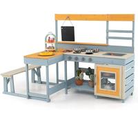 GYMAX Kids Mud Kitchen, Children Pretend Play Kitchen with Picnic Table, Bench, Blackboard, Stoves, Kitchenware & Dessert Accessories, Outdoor Wooden Toy Kitchen Set for 3+ Years Old
