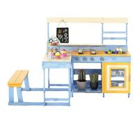 GYMAX Kids Mud Kitchen, Children Pretend Play Kitchen with Picnic Table, Bench, Blackboard, Stoves, Kitchenware & Dessert Accessories, Outdoor Wooden Toy Kitchen Set for 3+ Years Old (Blue+yellow)