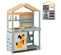 GYMAX Kids Mud Kitchen, Double-Sided Pretend Play Kitchen Grocery Store with Removable Sink, Storage Baskets, Bag, Chalkboard & Accessories, Outdoor Wooden Toy Kitchen Set for Children 3+ Years Old