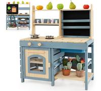 GYMAX Kids Mud Kitchen, Double-Sided Toy Kitchen with Stoves, Removable Sink, Chalkboard, Metal Baskets, Storage Shelves & Bag, Outdoor Wooden Play Kitchen for 3-8 Years Old