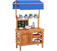 GYMAX Kids Mud Kitchen, Fir Wood Children Potting Bench Table | with Adjustable Canopy, Sink, Chalkboard, 4 Pots, 2 Trowels & 1 Rake, Outdoor Toy Kitchen for 3 Years Old+ Boys Girls