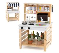 GYMAX Kids Mud Kitchen, Outdoor Double-Sided Toy Kitchen with Stoves, Removable Sink, Faucet, Storage Shelves & Cookware Accessories, Wooden Play Kitchen for 3+ Years Old Boys Girls (Natural)