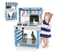 GYMAX Kids Mud Kitchen, Outdoor Double-Sided Toy Kitchen with Stoves, Removable Sink, Faucet, Storage Shelves & Cookware Accessories, Wooden Play Kitchen for 3+ Years Old Boys Girls (Blue)