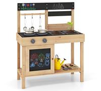 GYMAX Kids Mud Kitchen, Outdoor Fir Wood Toy Kitchen with 2 Removable Sinks, Stoves & Kitchenware, Children Cooking Role Playset for 3 Years Old+