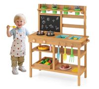 GYMAX Kids Mud Kitchen, Outdoor Toy Kitchen with Removable Sinks, Chalkboard, Stovetops, Accessories & Storage Shelves, Wooden Cooking Role Playset for 3+ Years Old Boys Girls