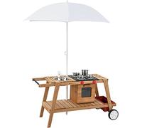 GYMAX Kids Mud Kitchen, Outdoor Wooden Toy Kitchen with Removable Umbrella, Wheels, Stove, Sink, Storage Space and Accessories, Pretend Children Cooking Cart for Girls Boys (White+Natural)