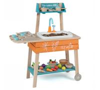GYMAX Kids Mud Kitchen, Wooden Play Kitchen with Wheels, Removable Sink, Grill Rack and Circulation Faucet, Outdoor Cooking Role Playset for 3 Years Old+
