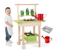 GYMAX Kids Mud Kitchen, Wooden Toy Kitchen with Removable Sink, Pots, Watering Can, Shelf, Storage Box and Wheels, Outdoor Children Potting Bench Table for 3 Years Old+