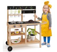 GYMAX Kids Mud Kitchen, Wooden Toy Kitchen with Wheels, Blackboard, Stoves, Sink, Storage Shelves and Accessories, Outdoor Cooking Role Playset for Boys Girls