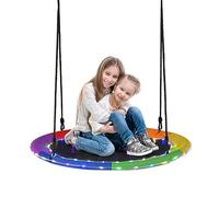 GYMAX Kids Nest Swing, 100cm Round Tree Swings with LED Lights & Height Adjustable Hanging Ropes, Children Saucer Swing for Backyard Garden, Holds Up to 300kg