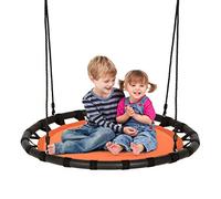 GYMAX Kids Nest Swing, 40”/100cm Round Tree Swings with Height Adjustable Hanging Ropes, Indoor Outdoor Children Saucer Swing for Backyard Garden, 150kg Capacity (Orange)